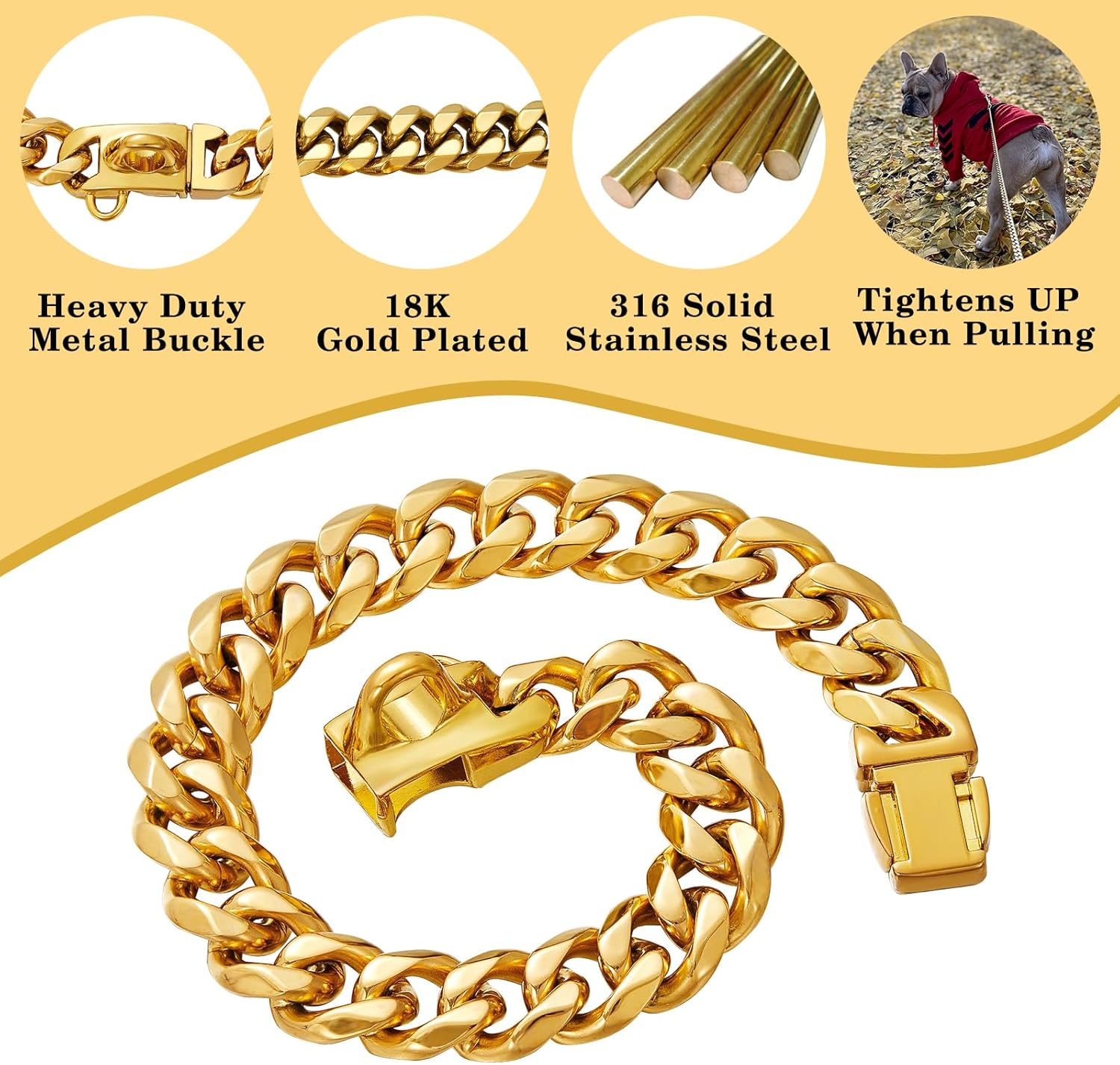 Stainless Steel 18K Gold Dog Collar with Secure Locking Buckle – 15MM Cuban Link Chew-Proof Chain for Small, Medium & Large Dogs