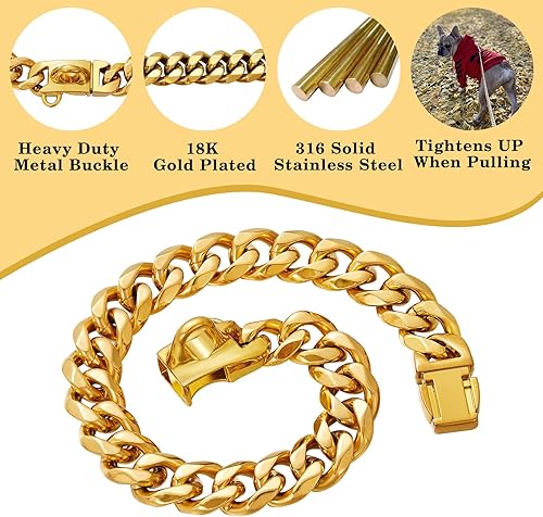 Miniatura 3 de Collar de perro de acero inoxidable de oro de 18 quilates con hebilla de bloqueo segura, cadena de eslabones cubanos de 0.59 pulgadas a prueba de