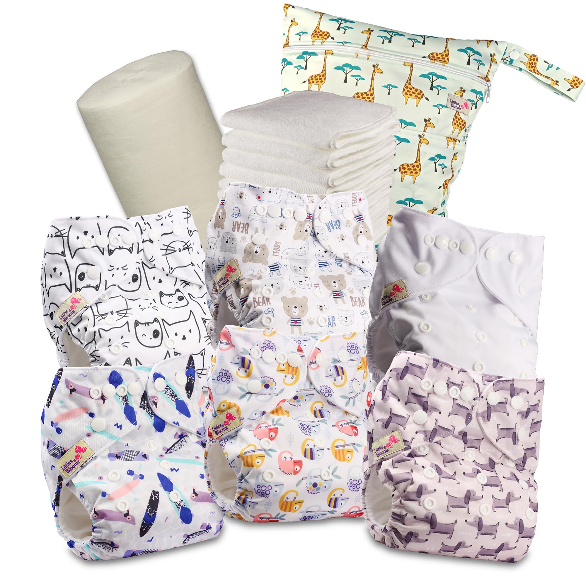 Littles & Bloomz Couche Lavable à Poche avec Boutons-Pression, 6 Inserts Microfibre, Voiles Bambou & Sac Imperméable