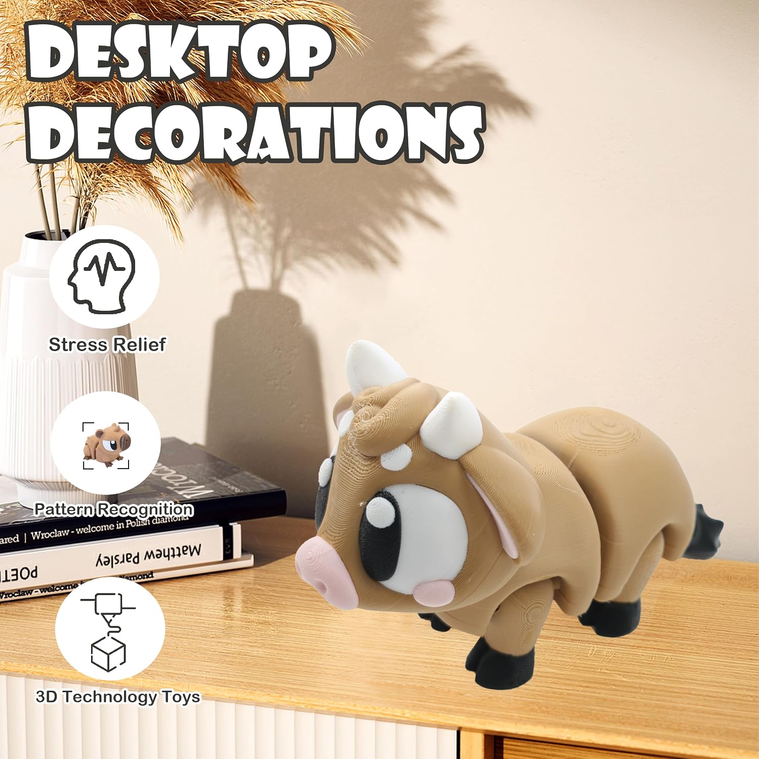 FUNKY STORE 3D Printed Animal Ornament Highland Cow Figurine Flexible Articulated Fidget Figure, Creative Gift for Christmas Animal Figurines Collectible (Cow)
