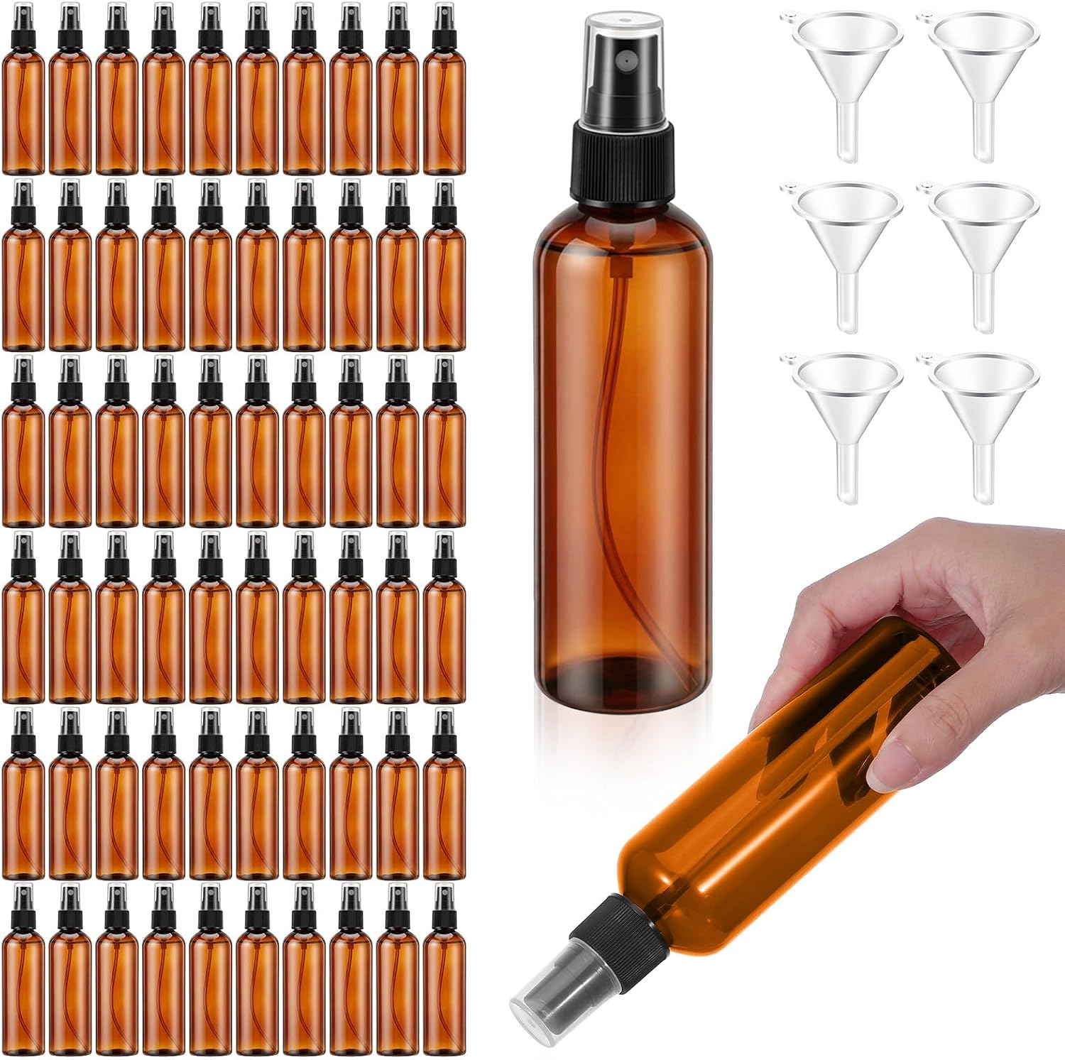 60 Pack 4 Oz Amber Spray Bottles, Refillable Mini Spray Bottles Bulk for Travel, Essential Oils, Perfume, Toner, Cleaning Solutions, PET Plastic, with 6 Funnels