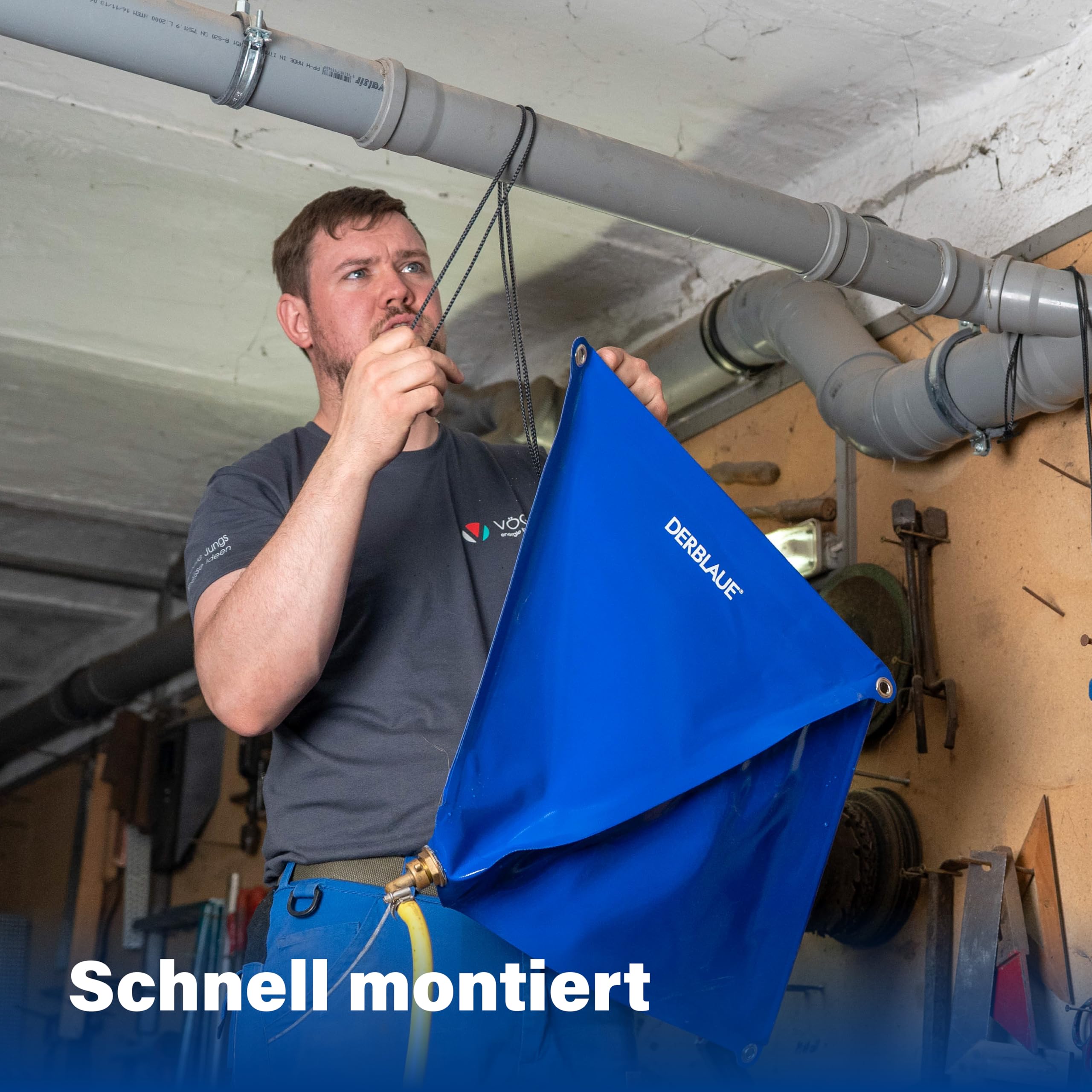 DERBLAUE® Trichter 40 × 40 cm, ca. 25 l, 3/4-Zoll-Anschluss | mit höhenverstellbarem Aufhängesystem, stabil im Einsatz dank Fiberglasstäbe, mit einsetzbarem Filtersieb, geringes Packmaß