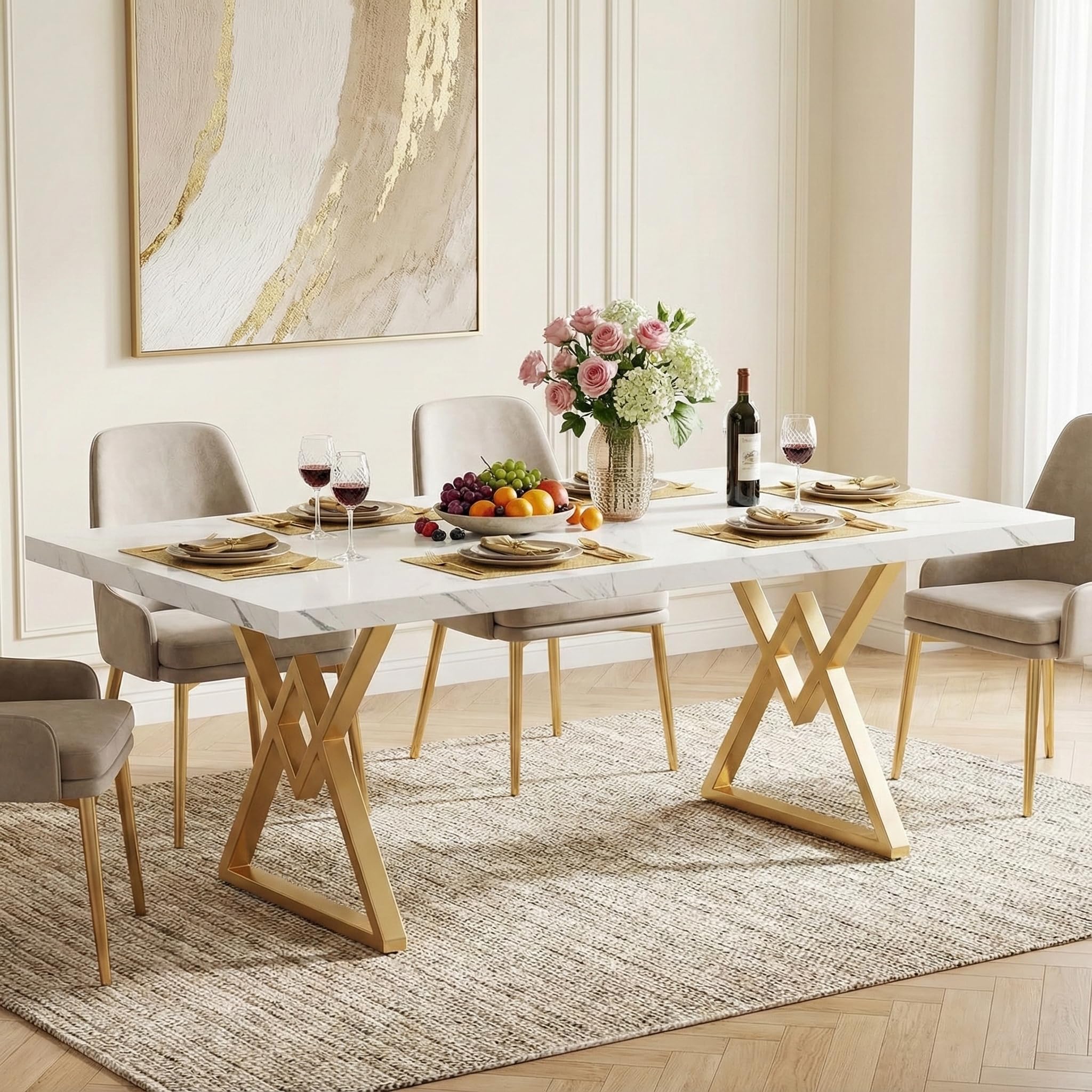 Lailang 160cm Tavolo da Pranzo, Mobili Soggiorno, Angolo Caffe Cucina, Tavolo Effetto Marmo, Tavolo Ufficio Riunioni, 160 x 80 x 75 cm, Bianco e Oro