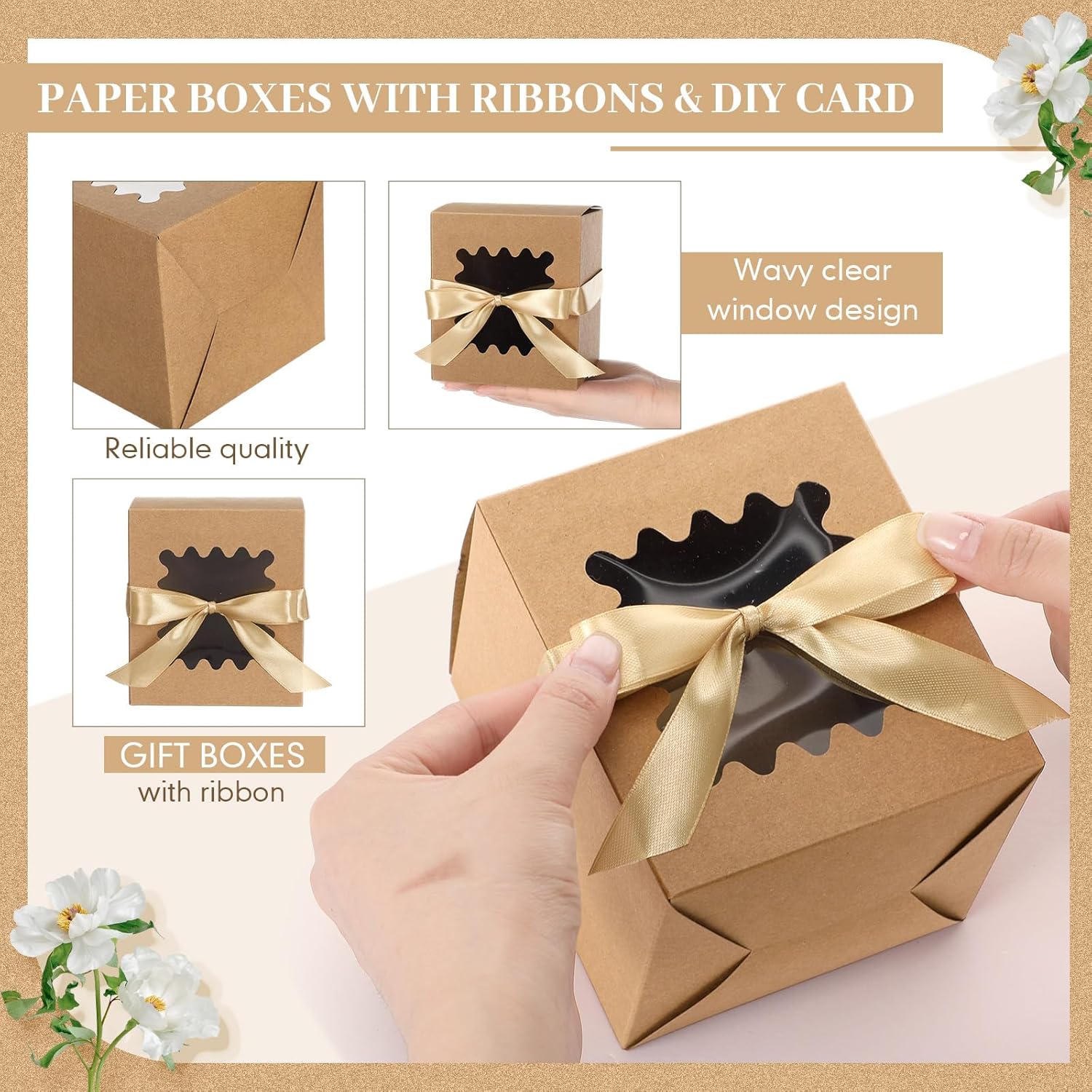 Windyun 100 Pcs Mug Boxes with Ribbon for Gifts Sublimation Mug Transparent Packaging Box for 11oz, 12oz, 15oz Ceramic Coffee Cups with Clear Window Cups Gift Wrapping(Cowhide)