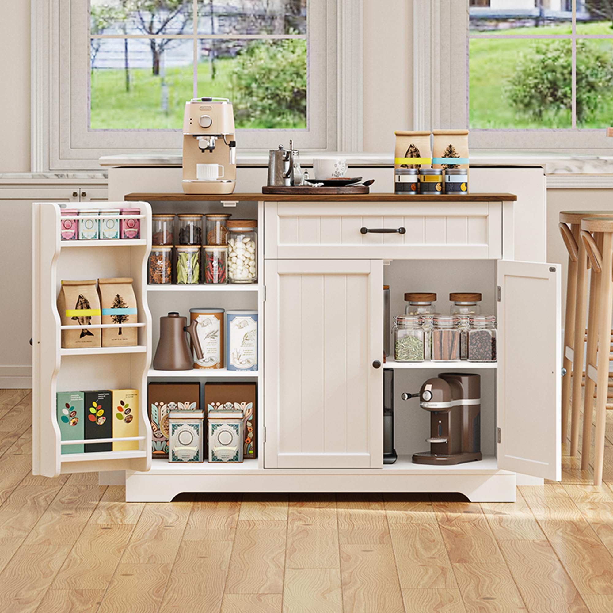 Gizoon Kitchen Coffee Bar Cabinet with Storage Kitchen Sideboard Buffet Cabinet with Drawers, Short Pantry with Door and Shelves for Bathroom and Living Room, White and Rustic