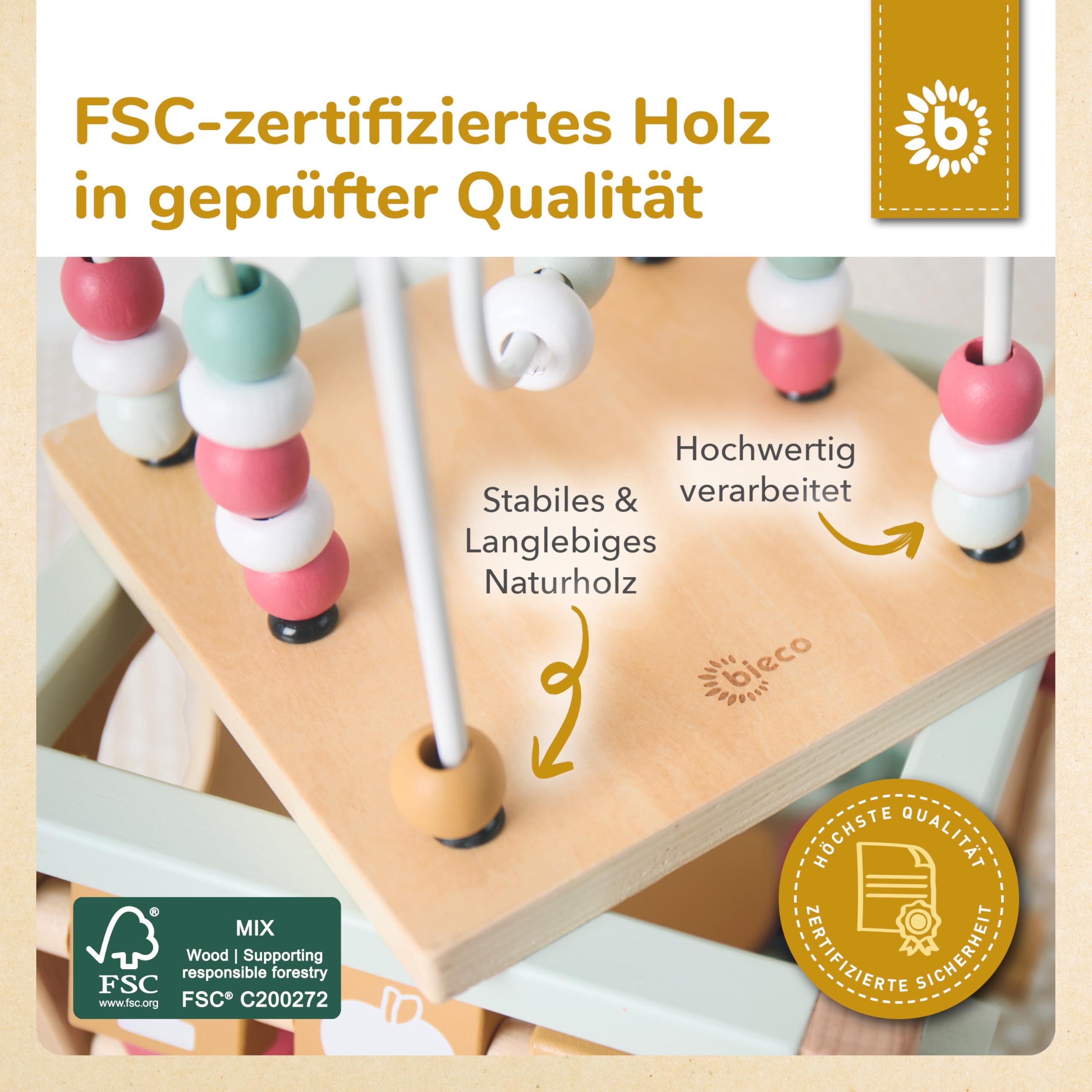 Bieco Kostka motoryczna spersonalizowana Berry z zrównoważonego drewna FSC® | Kostka do zabawy od 1. roku życia | Activity Center Montessori drewniana zabawka