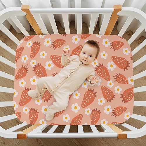 Miniatura 6 de Sábanas de cuna de fresa de dibujos animados, sábanas ajustables elásticas para cuna para niños y niñas, sábana unisex acogedora para cuna de bebé,