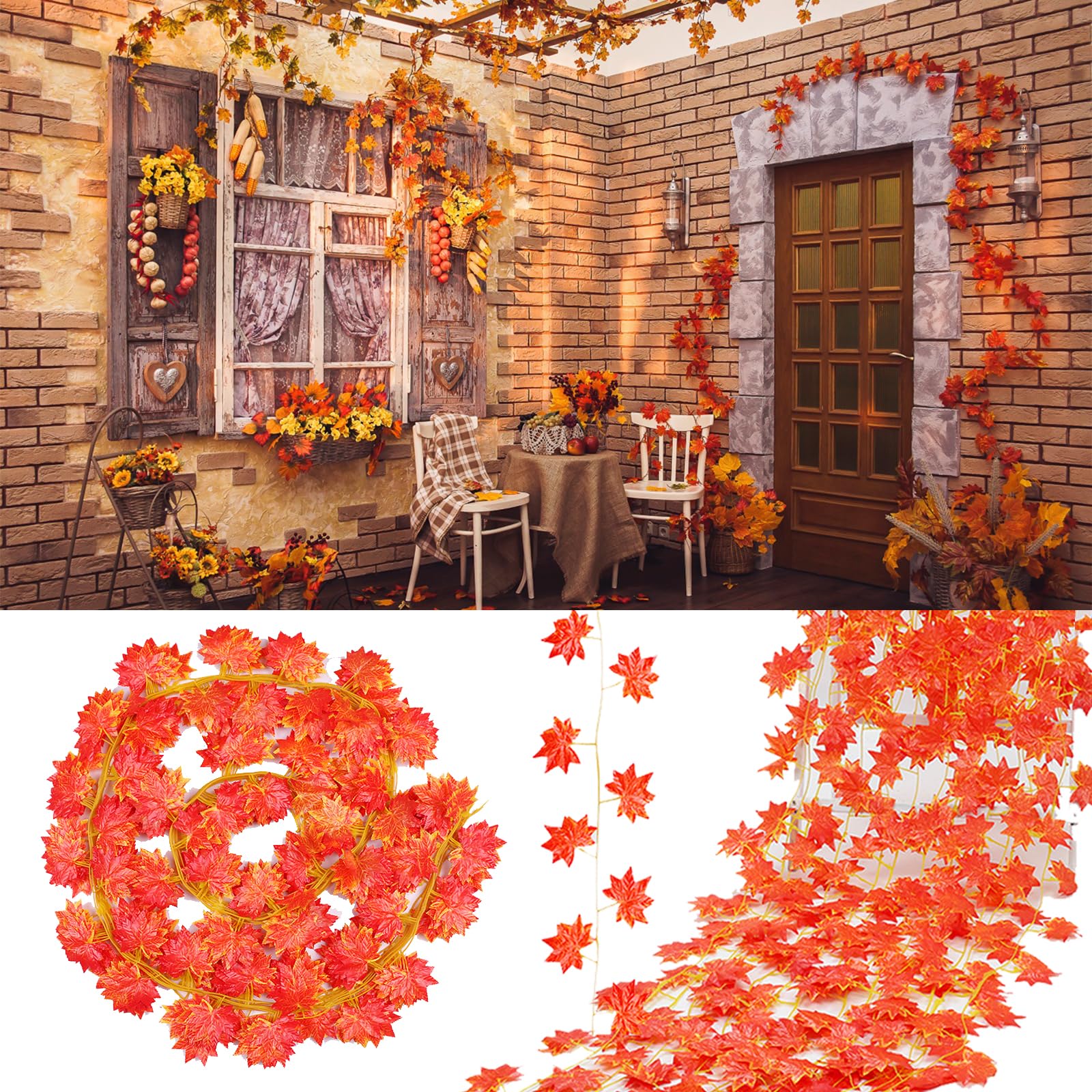 12 Pack Artificial Fall Maple Leaf Garlands, Hanging Fall Leave Vines Colorful Autumn Foliage Garland for Thanksgiving Home Dinner Wedding Greenery Party Fireplace Christmas Indoor Outdoor Decors