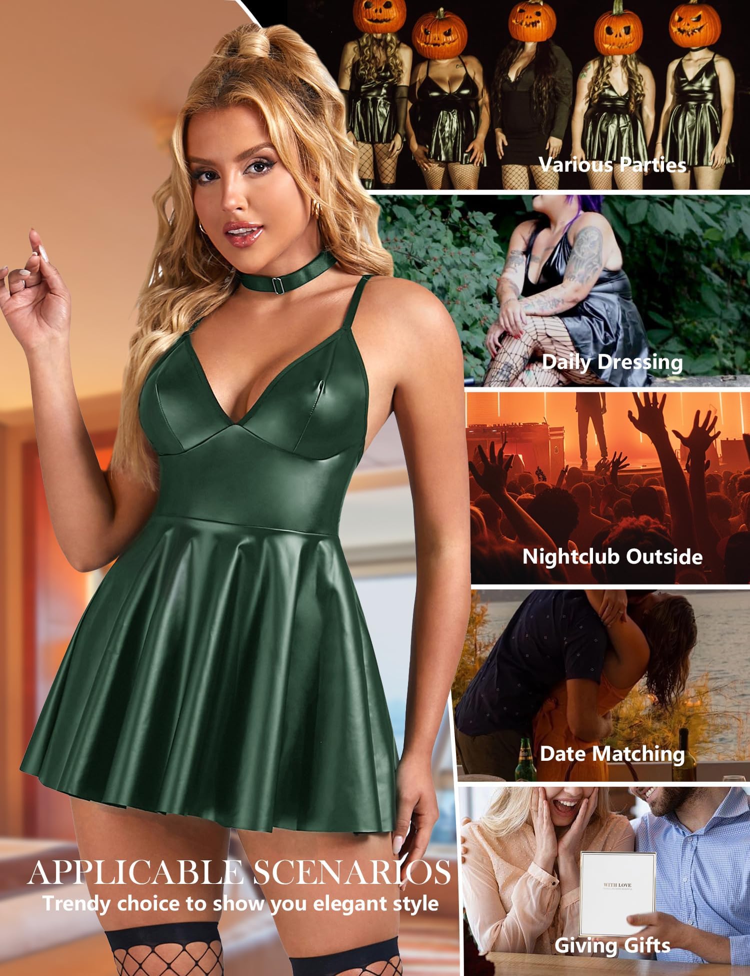 ohyeahlady Women Sexy PU Leather Dress Plus Size Spaghetti Strap Mini Dresses Sleeveless Pleated Steampunk Clubwear: XX-Large Green