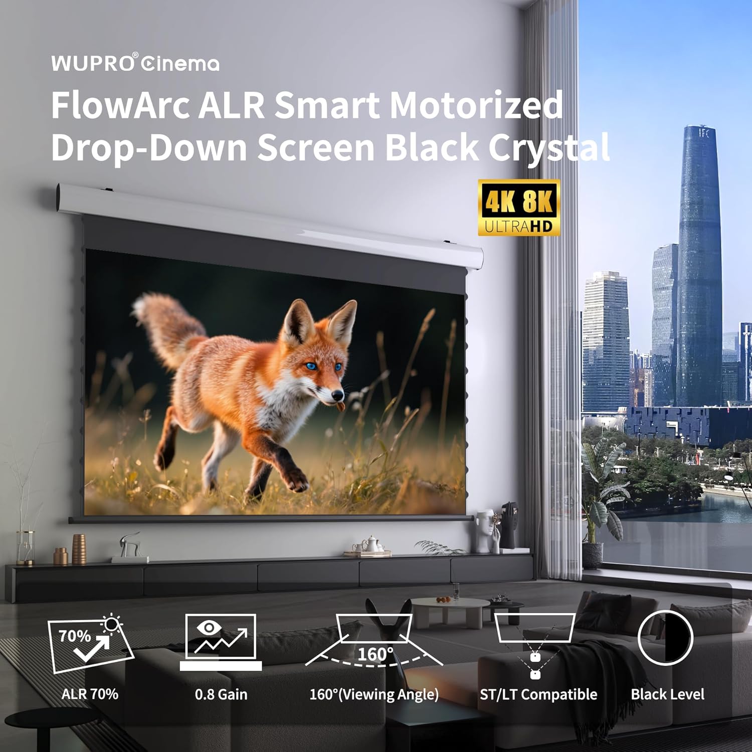FlowArc Projector Screen Pull Down 72 Inch, Motorized Electric Drop Down, Black Crystal 4K ALR Screen, Wall & Ceiling Mount, Compatible with ST/LT Projectors (Non-UST), for Ambient Light Rooms