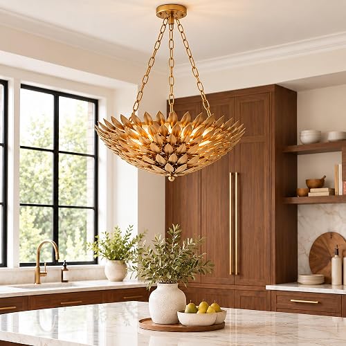 22" Gold Leaf Chandelier, Pendant Ceiling Light for Living Room