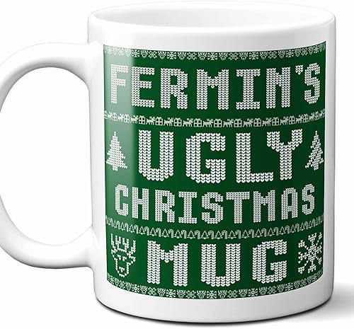 Regalo de Navidad con nombre Fermin. Taza de café con suéter de Navidad feo personalizado. Divertido regalo de Navidad personalizado, relleno de