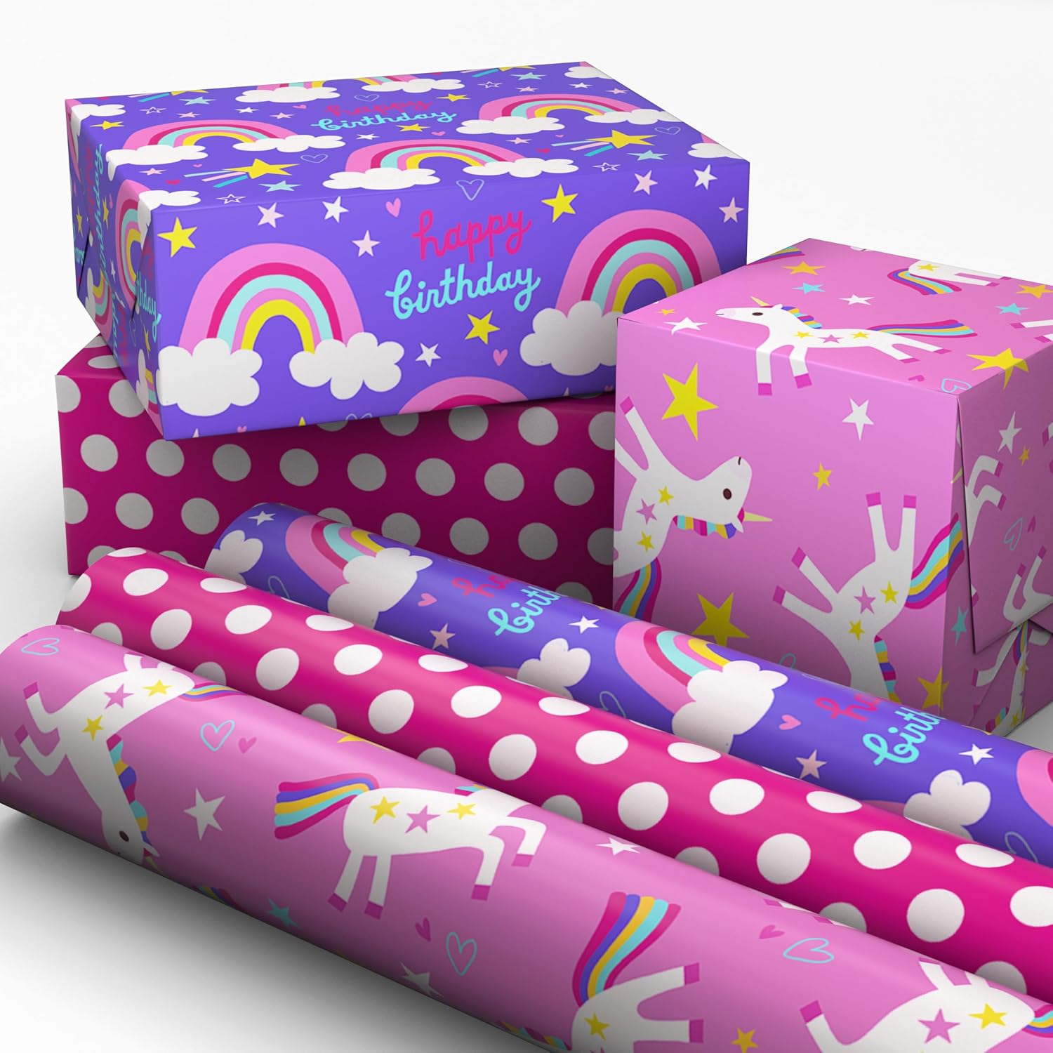 Hallmark Kids Birthday Wrapping Paper Mini Rolls, 3-Pack (Unicorns, Rainbows on Purple, Pink with White Polka Dots) for Birthday Parties, Easter, Baby Showers, Any Occasion - 60 Sq. Ft. Total