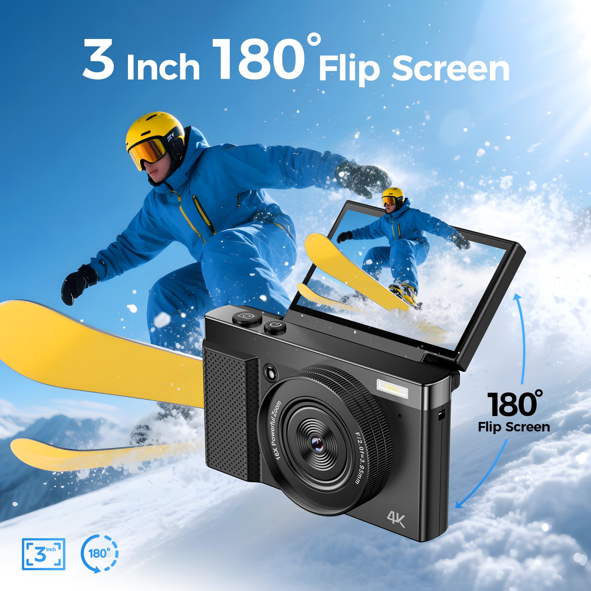 Appareil Photo Numérique 4K 64MP Digital: Appareil Photo Enfant Noire pour Vlog - Zoom Numérique 16x Écran 3" Rotatif à 180° - Idéal pour Les Kids Les Adolescents Les débutants et Les Adultes
