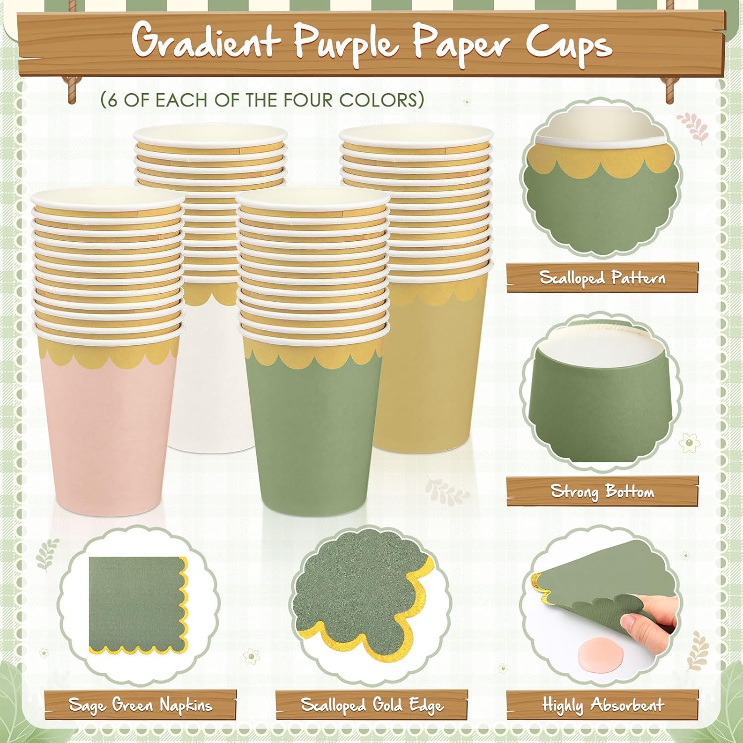 Mimorou 169 Pcs Sage Green and Pink Plates and Napkins Party Supplies Green and Rose Gold Tableware Include Scalloped Plates Paper Napkin Cup Spoon Fork Knife for Baby Shower, Wedding, Birthday