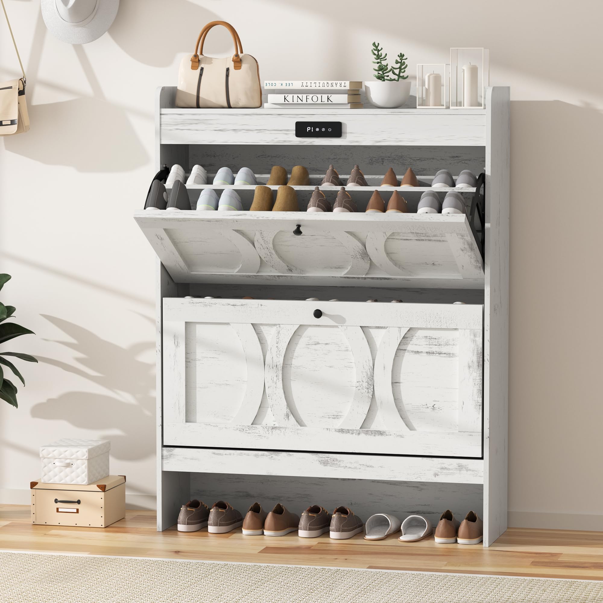 Photo 1 of **FOR PARTS MISSING ASSEMBLY PIECES & INSTRUCTIONS*** Elevon Deodorizing Shoe Storage Cabinet with 2 Flip Drawers, LED Touchscreen Freestanding Shoe Organizer with Wooden Leg, Narrow Shoe Rack Cabinet for Hallway, Bedroom and Entryway,White