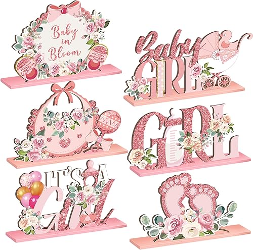 Miniatura 1 de 6 piezas de mesa floral para baby shower, centros de mesa de madera para bebé en flor con letras rosadas, revelación de género para niña,