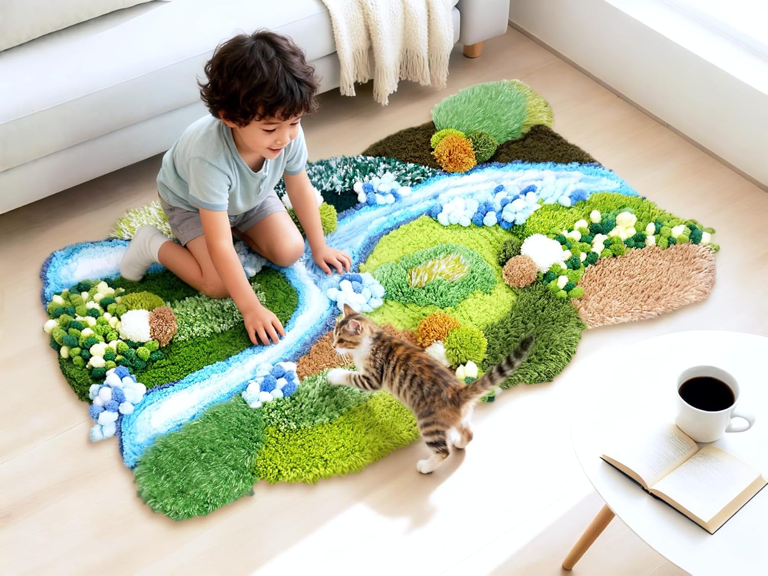 3D Moss Rug DIY Kit,Latch Hook Large Aesthetic Rug,Cozy Fluffy Art Carpet Washable for Bedroom,Living Room,Bohemian Organic Home Dorm Decor,Yarn Craft Hobbies for Women (SapphireStream-A)