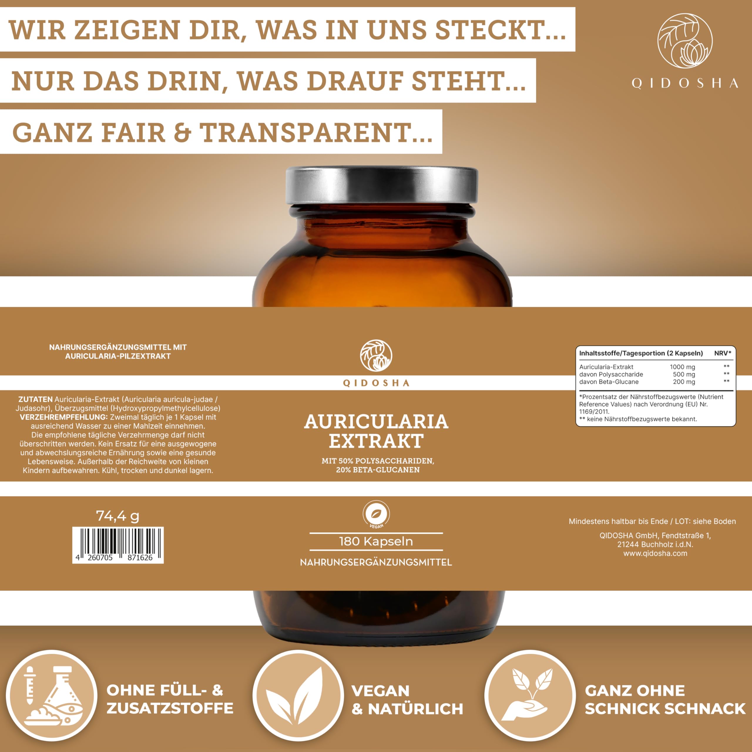 QIDOSHA® Auricularia 40:1 Extrakt Kapseln, 180 Stk im Apothekerglas, hochreiner Auricularia Extrakt mit 500mg je Kapsel, davon 50% Pilz-Polysaccharide, 20% Beta-Glucane, Judasohr Kapseln