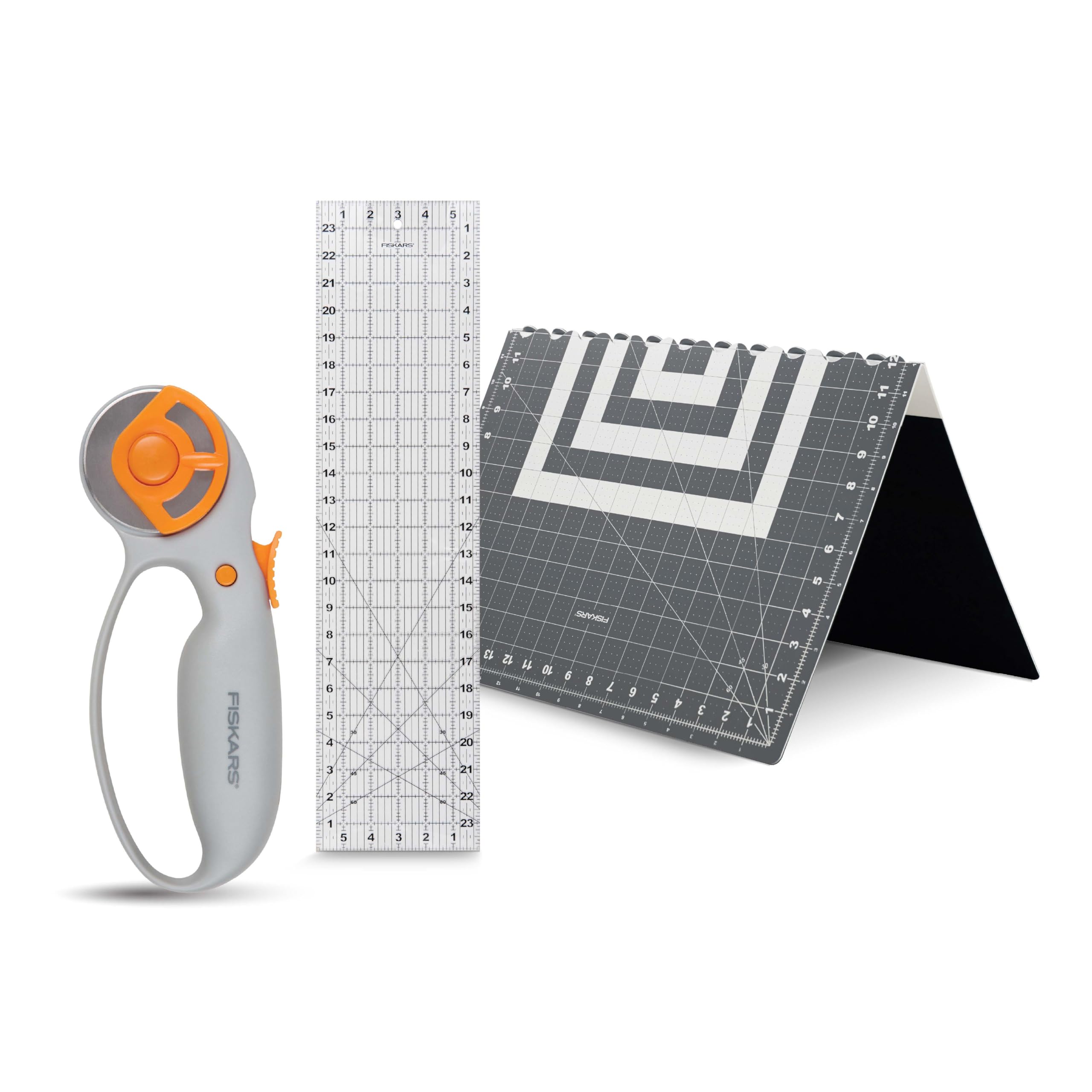 Fiskars Schlaufen-Set, Rollschneider mit 45 mm Stahlklinge, Nählineal für präzise Messungen, faltbare Schneidematte für alle Stoffschneidebedürfnisse, Grau