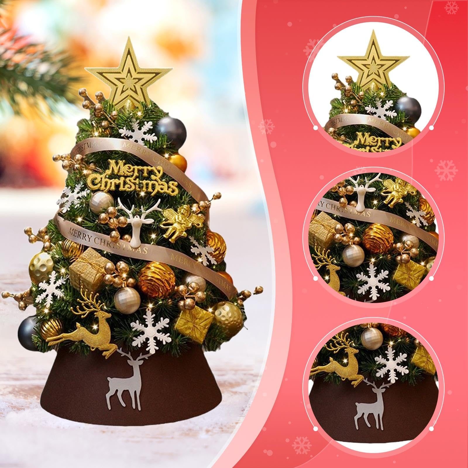 Albero di Natale Artificiale Illuminato da Tavolo con Palline, Decorazione Natalizia per Camera da Letto, Soggiorno E Tavola Festiva, 60 Cm