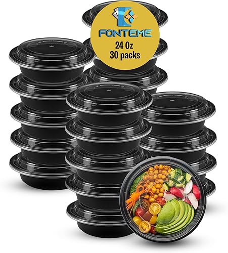 Miniatura 1 de Fonteme Recipiente redondo de preparación de comidas de 24 onzas con tapas, paquete de 30 unidades, recipientes desechables para almacenamiento de