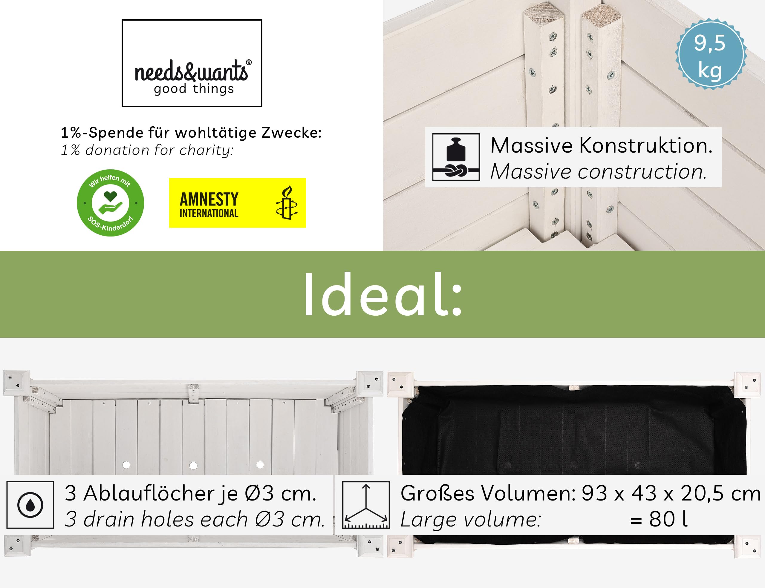 needs&wants® Huerto Urbano, Jardinera elevada de Madera para jardín, balcón o terraza, Kit de Maceta Rectangular Estrecha con lámina de vellón, Maceta Decorativa para Hierbas aromáticas, Color Blanco