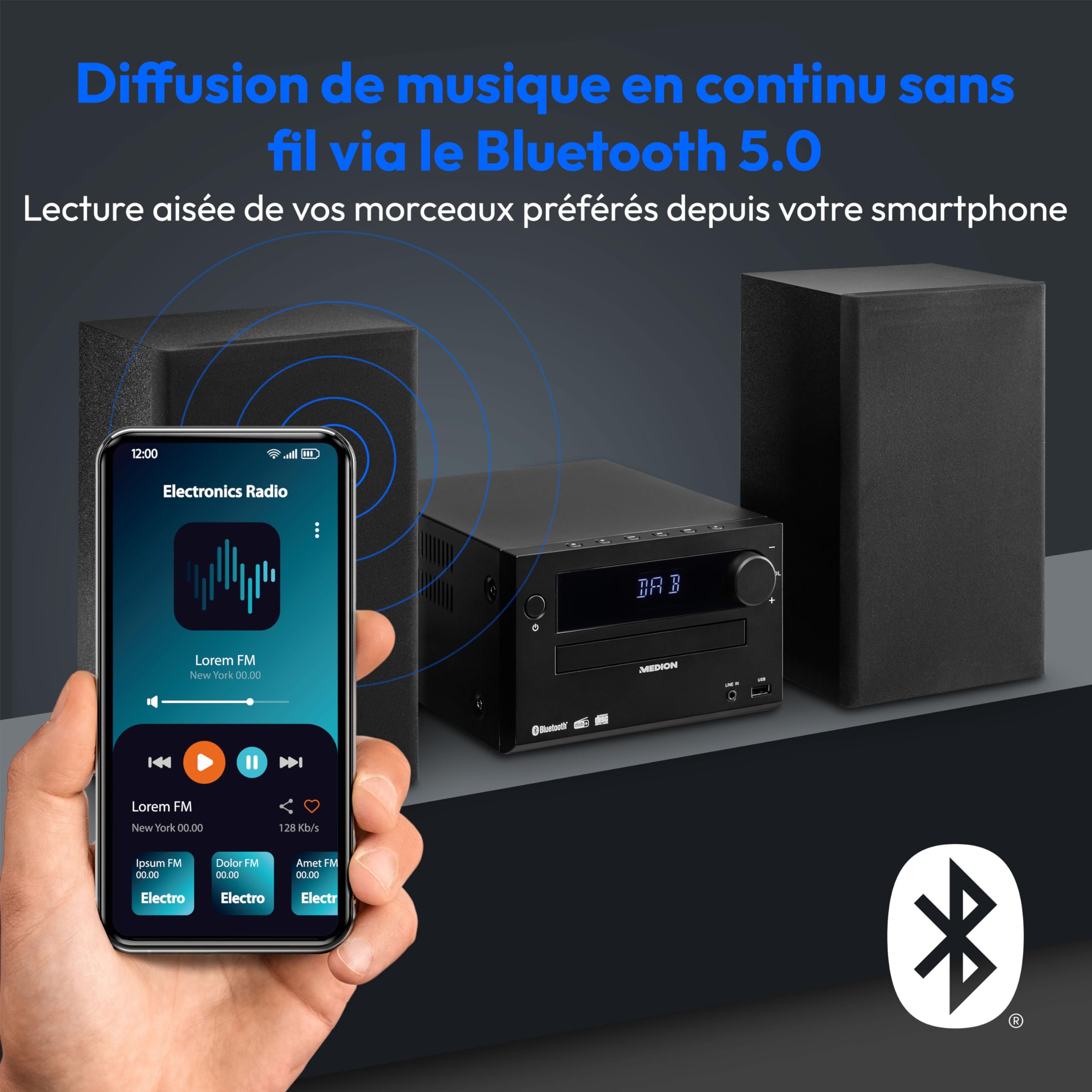 MEDION E64482 Microsystème Audio Compact (Radio Internet, Dab+, Lecteur CD, Radio FM PLL, Bluetooth, Lecteur MP3, AUX, Prise Casque, USB, minuteur de Mise en Veille, écran à intensité Variable) Noir