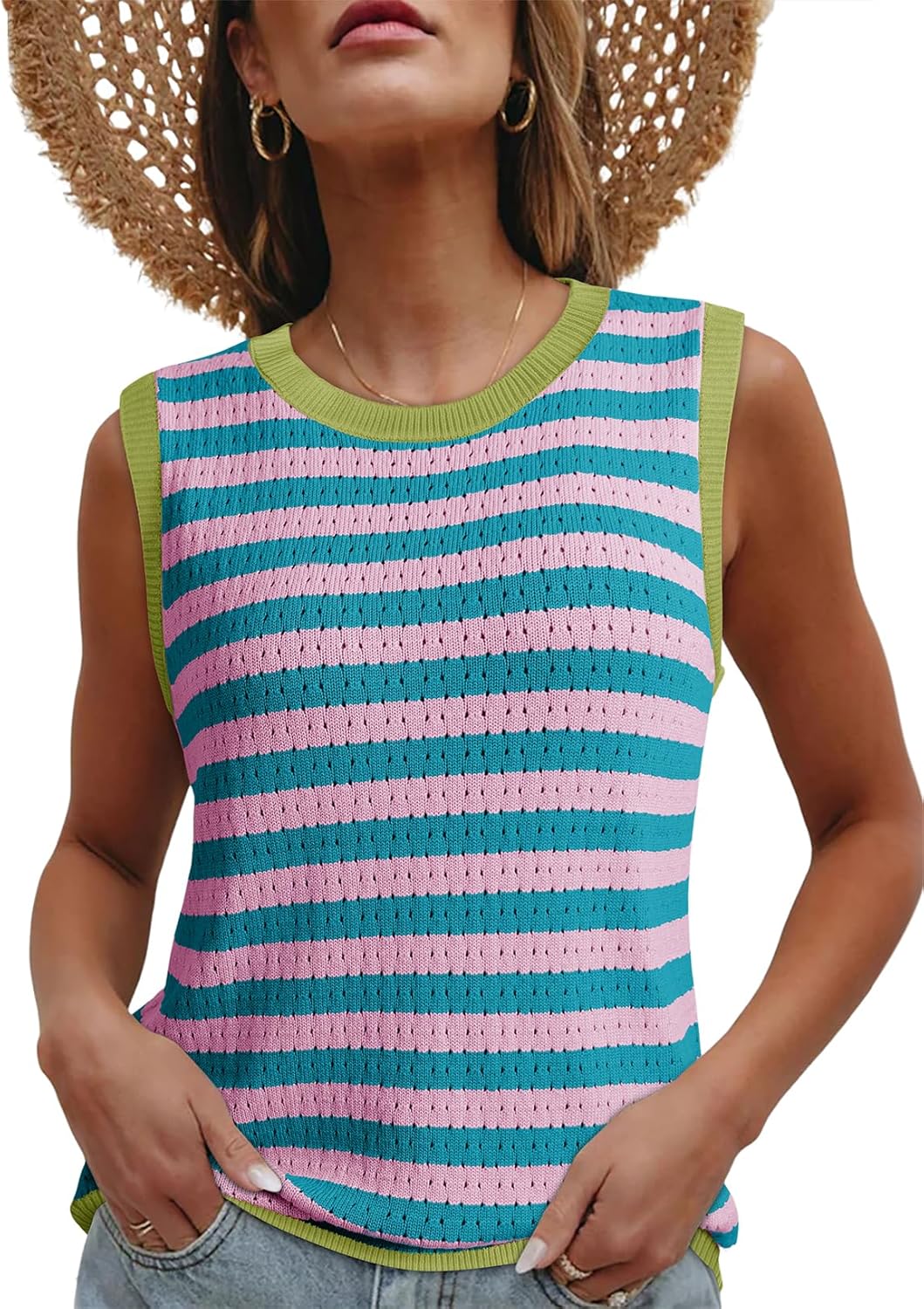 Dokotoo Women’s Tank Top Casual Summer Sleeveless Sweater Vest Fashion Striped Color Block Knit Crewneck Tops Shirts