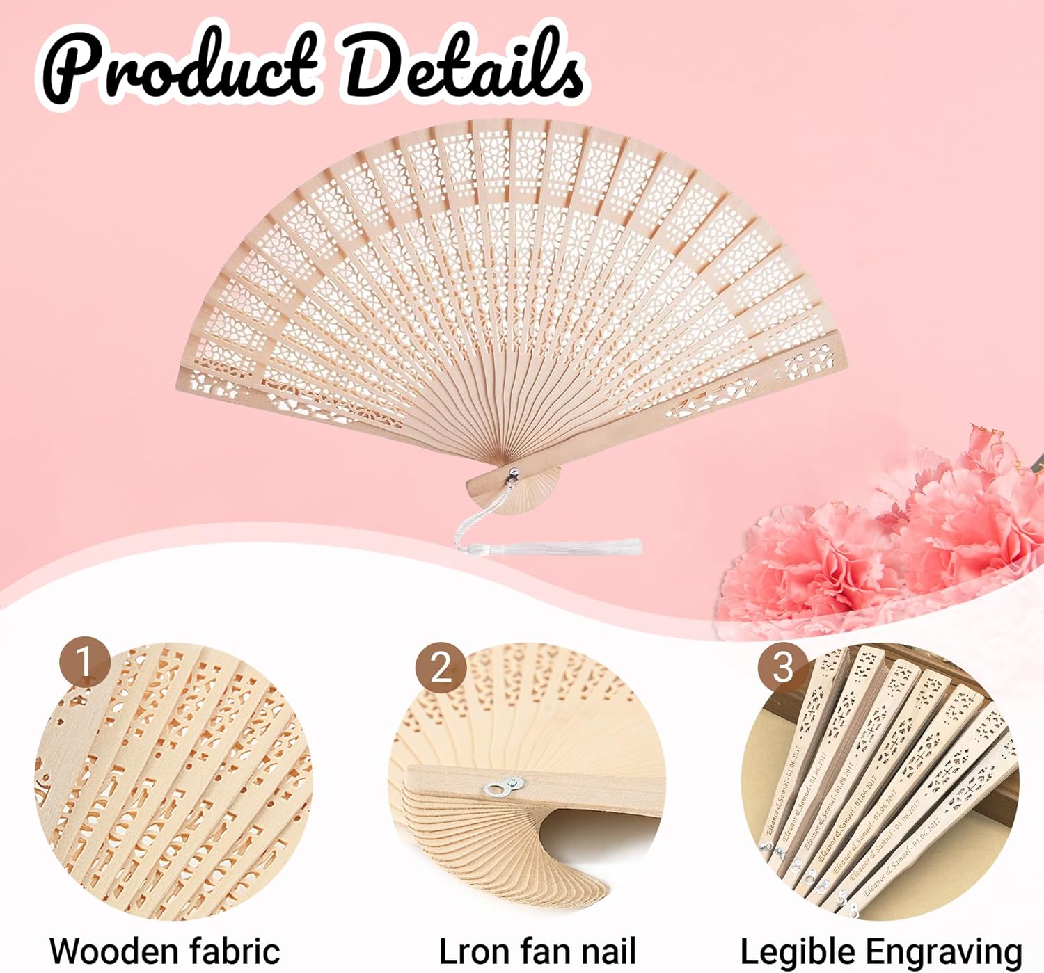 MBDFUT 50Pcs Personalized Sandalwood Hand Fans with Organza Bags - Foldable Custom Wooden Fans - Wedding Party Favors for Guests