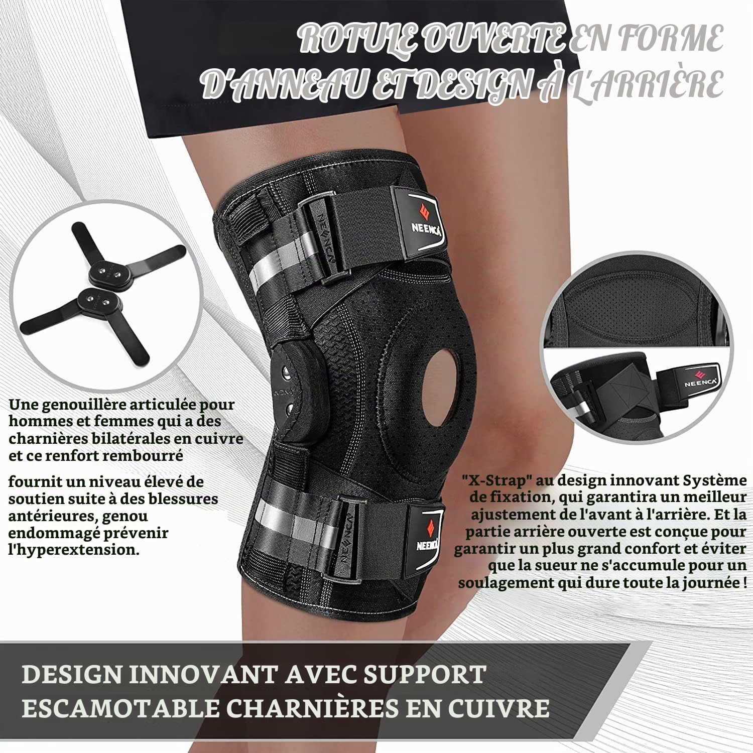 NEENCA Genouillère pour douleurs au genou, genouillère articulée réglable avec système de fixation breveté X-Strap, forte stabilité pour soulager la douleur Jonit, l'arthrite, la déchirure du ménisque