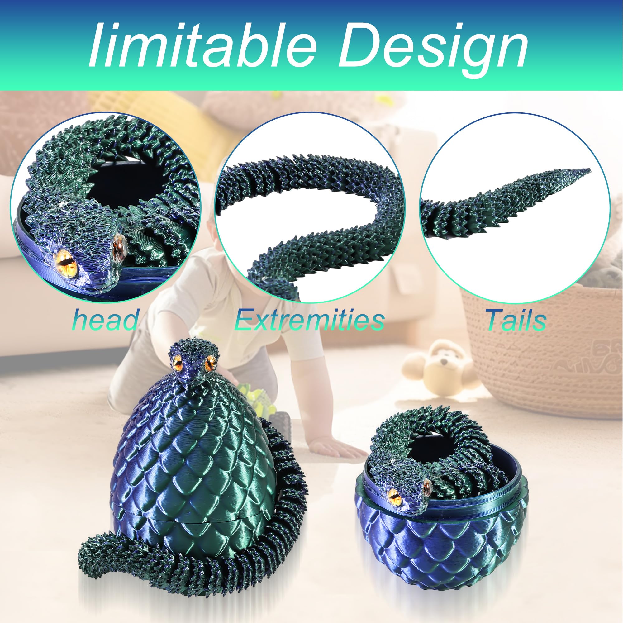 Joycabin 3D Gedruckte Schlange Spielzeug, Ostern 3D Gedrucktes Drachenei Schlangeneier, Easter Schlangeneier, 3D Gedruckte Tiere Spielzeug für Kinder Geschenke Schreibtisch Wohnkultur (Blau Grün) - 5