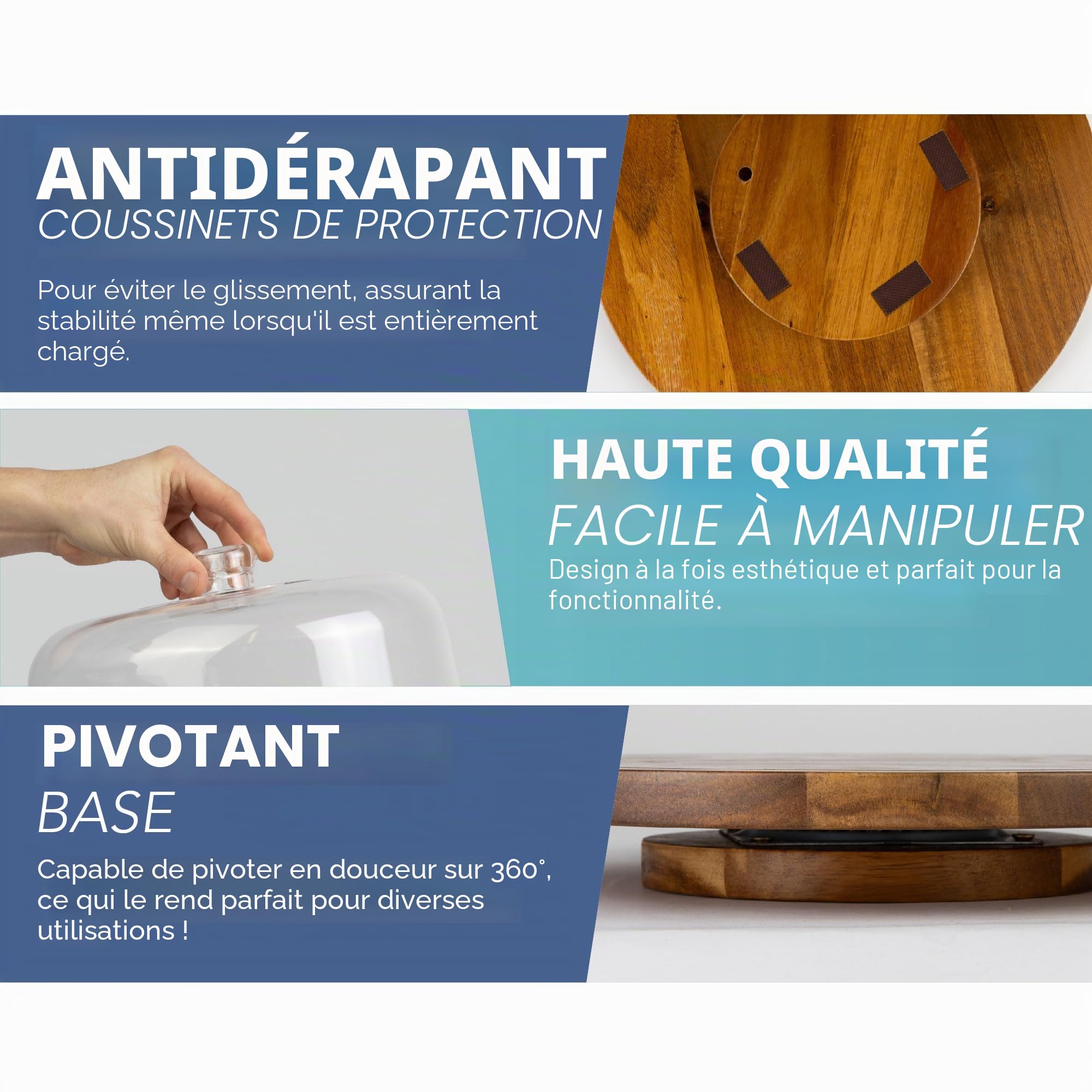 HEFTMAN Présentoir à gâteau Rotatif avec Couvercle en dôme, 25,4 cm | Présentoir à gâteau en bois d'acacia antidérapant avec couvercle en dôme acrylique transparent pour gâteaux, pâtisseries