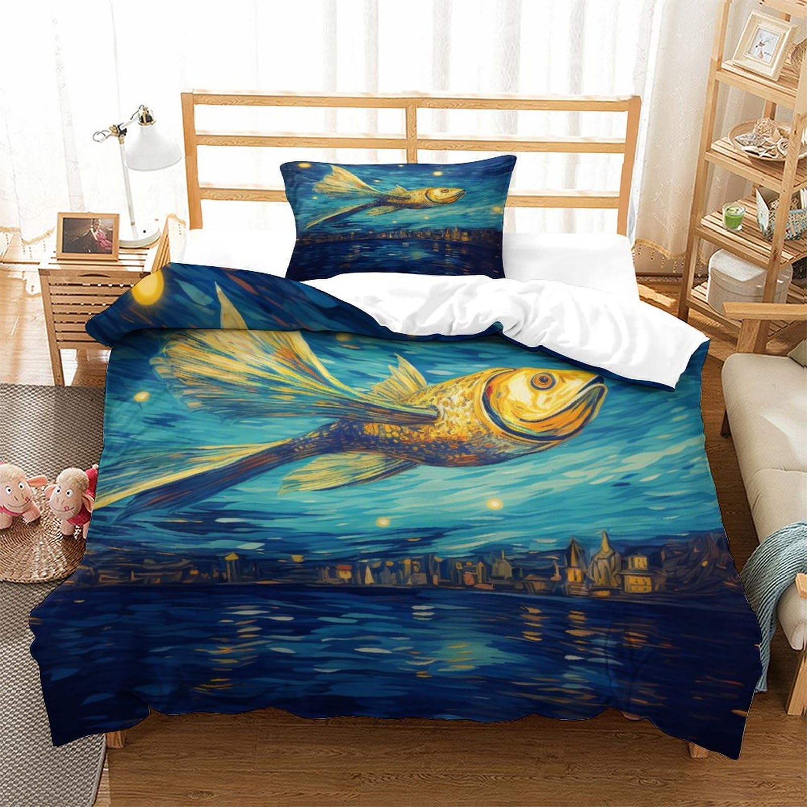 P1S9U7W5Y Starry Sky Artistic 3D Printed Fish Duvet Cover Set 3pcs Microfiber Night Painting Bedding Set Single