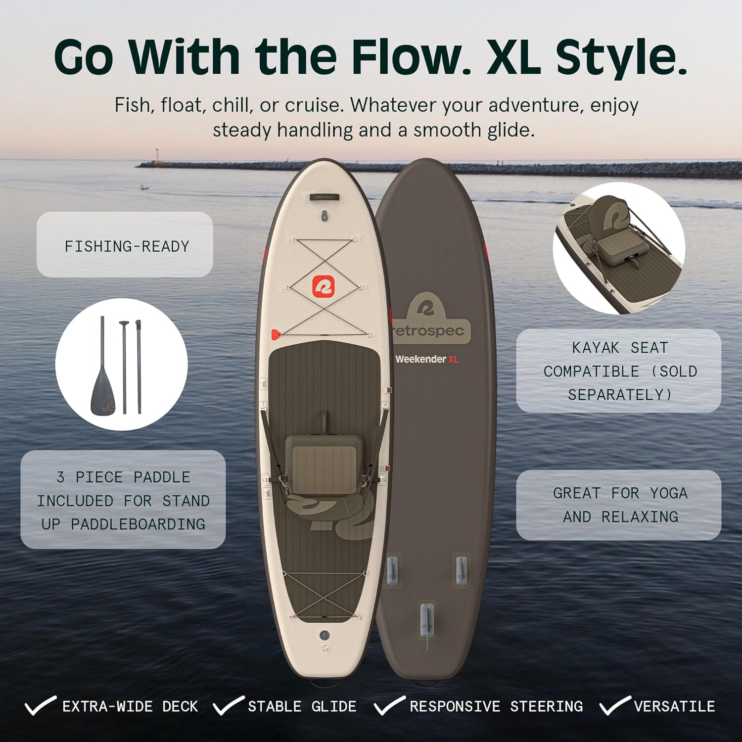 Retrospec Weekender XL Inflatable Paddle Board - Lake Essentials SUP with 400lb Capacity - Wide 11' x 35" x 8" All-Around Board for Fishing & Touring - Complete Kit with Paddle, Pump & Backpack - Image 6