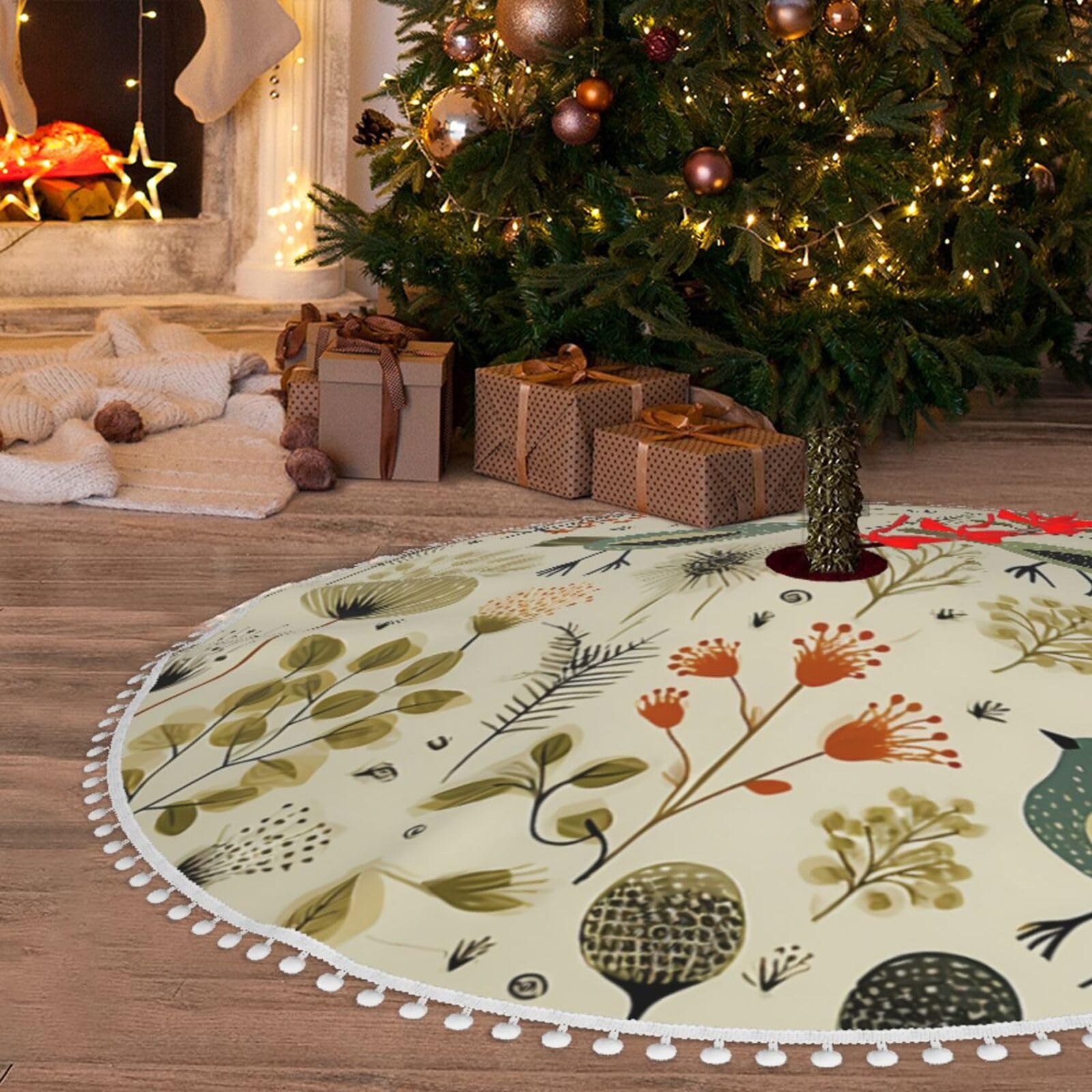 Jupe de sapin de Noël en peluche douce 122cm motif feuilles jaunes