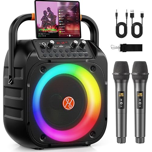 Karaoke Machine for Adults, Portable Bluetooth Karaoke with 2 Wireless Microphones, Echo Adjustment, LED Lights, PA System Karaoke Speaker Support TV/REC/AUX/USB/TF Card (6.5"Subwoofer Black)