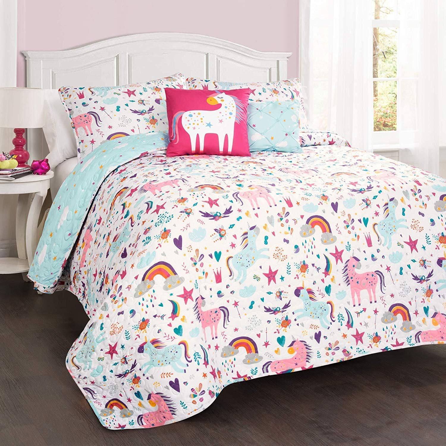 Lush Decor Unicorn Heart 4 Piece Quilt Bedding Set, White/Mu