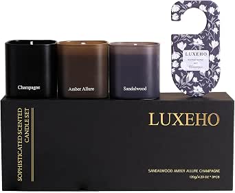 Luxury Scented Candle Set 3-Pack | Soy Candles with Champagne, Sandalwood & Amber Scents | 75+ Hours Burn Time | Elegant Black Matte Jars
