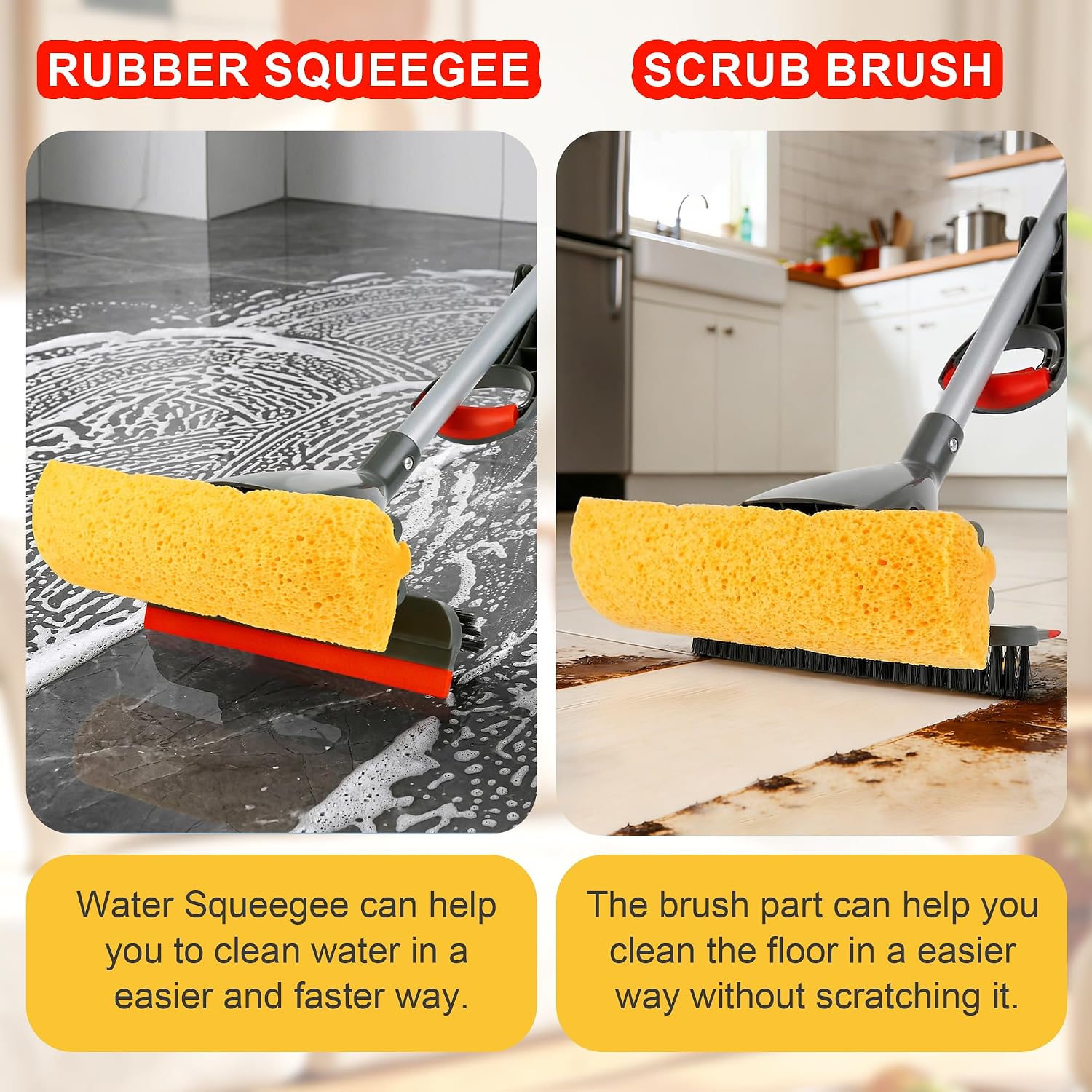 Pop-up Sponge Mop for Floor Cleaning, Home Commercial Cellulose Sponge Roller Mop with 2 Refill Heads, Includes Squeegee and Brush for Hardwood Tile Concrete Bathroom Kitchen Wall Ceiling