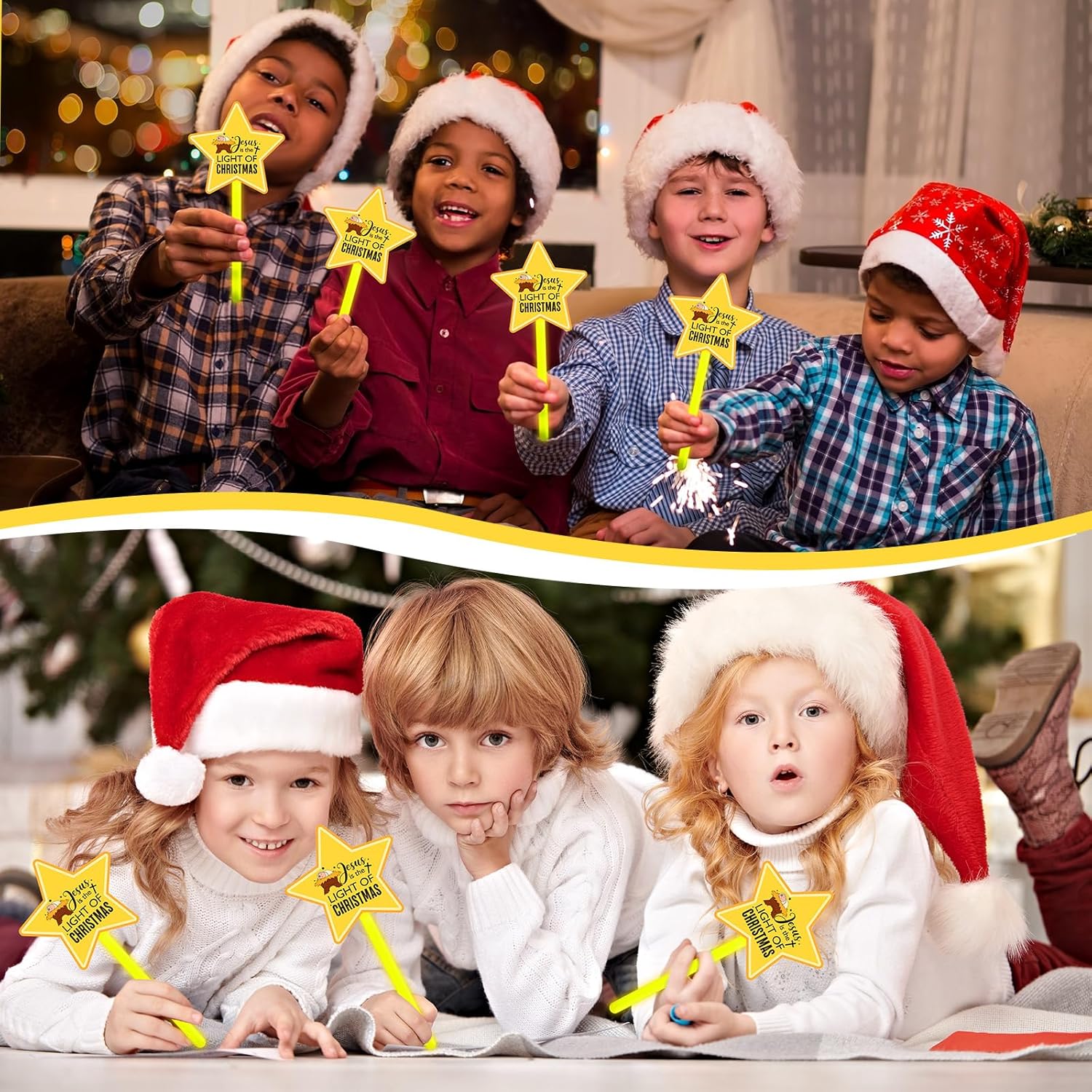 Realspring 24 Set Jesus the Light of Christmas Gifts, Include 24 Pcs 0.4x7.8 in Yellow Glow Sticks, 24 Pcs Jesus Is the Light of Christmas Cards with 2 Washi Tapes for Church Christian Religious Gift