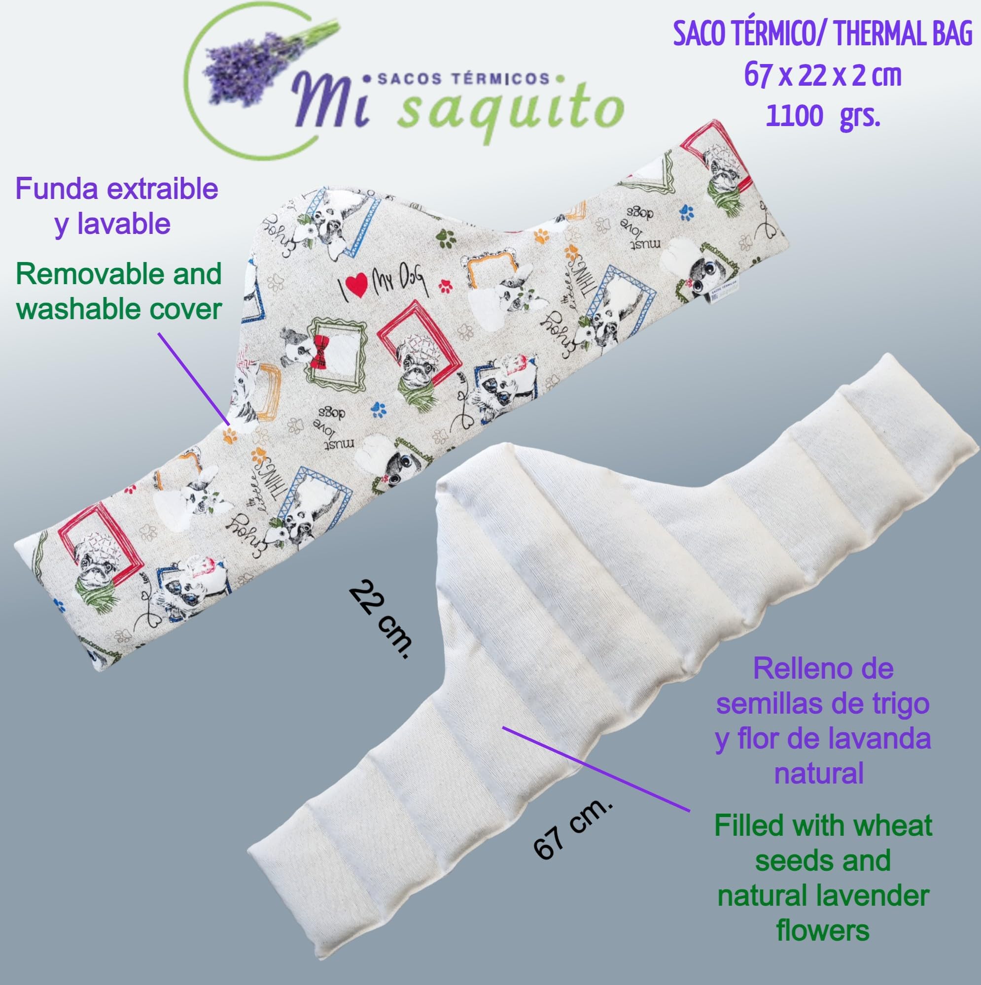 Saco de Semillas para Microondas 67x22 cm con FUNDA LAVABLE –Saquito Térmico Cervical Lavanda– Bolsa Térmica de Calor – Saco Térmico para Microondas -Almohadilla Térmica - Saco Microondas (PERROS)