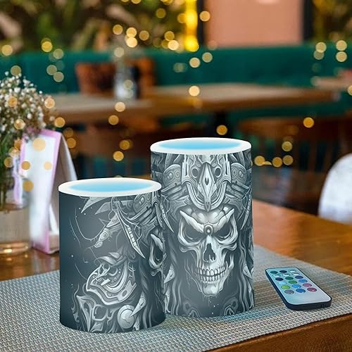 Miniatura 4 de ZENWAWA Flameless Candles with Remote Control  Viking Skull Print, 2 Pcs WarmWhiteColor LED Changing Battery Operated Fake Candle for Indoor Outdoor