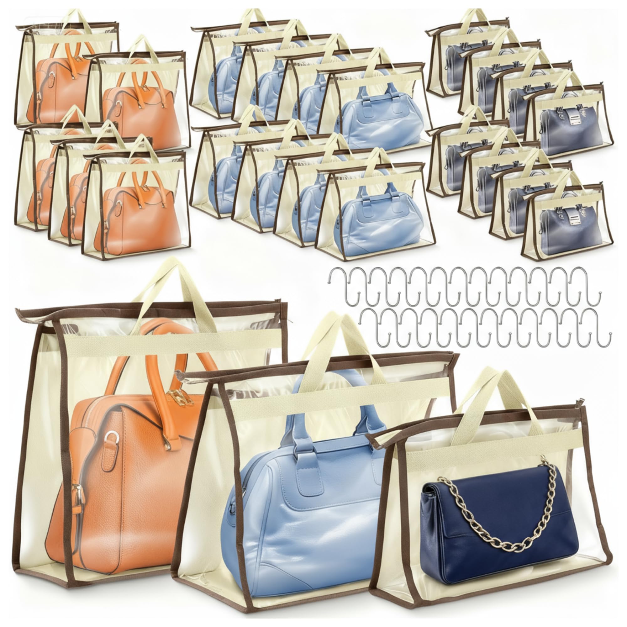 Paquete de 24 organizadores de almacenamiento transparentes con 25 ganchos en forma de S de acero inoxidable, bolsas de almacenamiento a prueba de humedad, bolsas de almacenamiento con cremalleras y