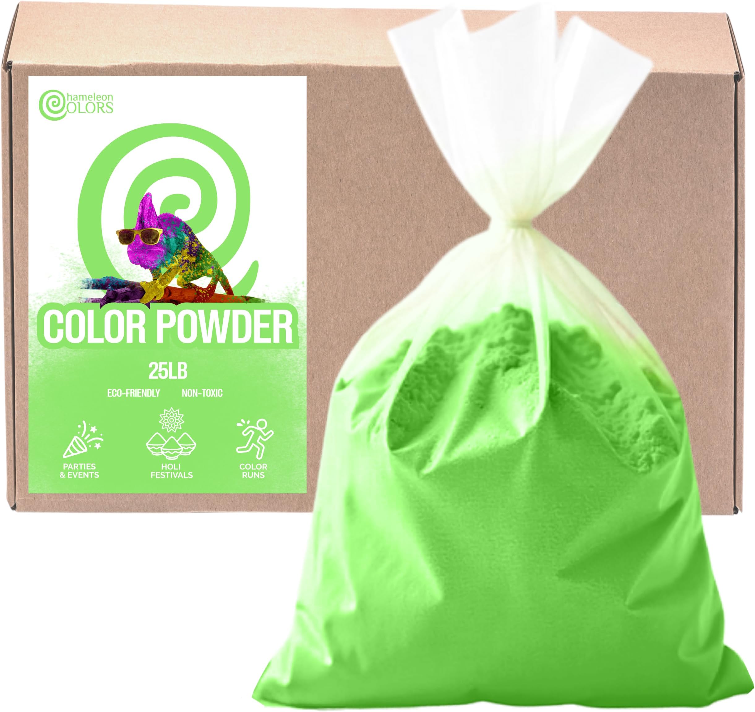 Chameleon Colors Color Run Powder Bulk 25lb Party Box, Color War, Green | Non-Toxic & Washable, Colored Chalk for Throwing, Fun Runs, School Events, Holi Festivals, FD&C-Approved, 11 Vibrant Colors