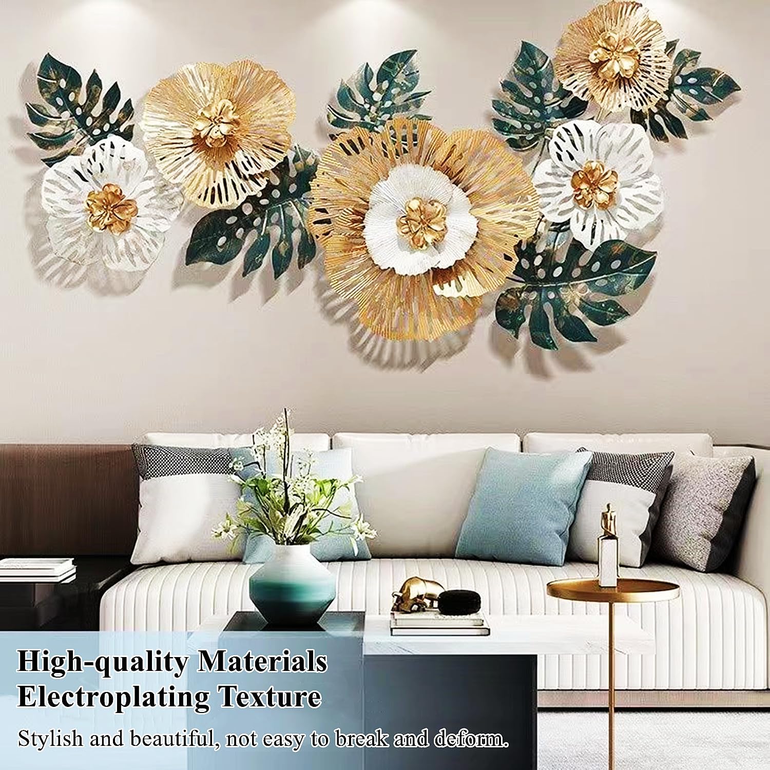 Escultura de Pared, Arte de Pared, decoración de Pared de Flores de Metal, Grandes Hojas Doradas, decoración Floral de Metal Hecha a Mano, decoración de Pared Colgante 3D para el h