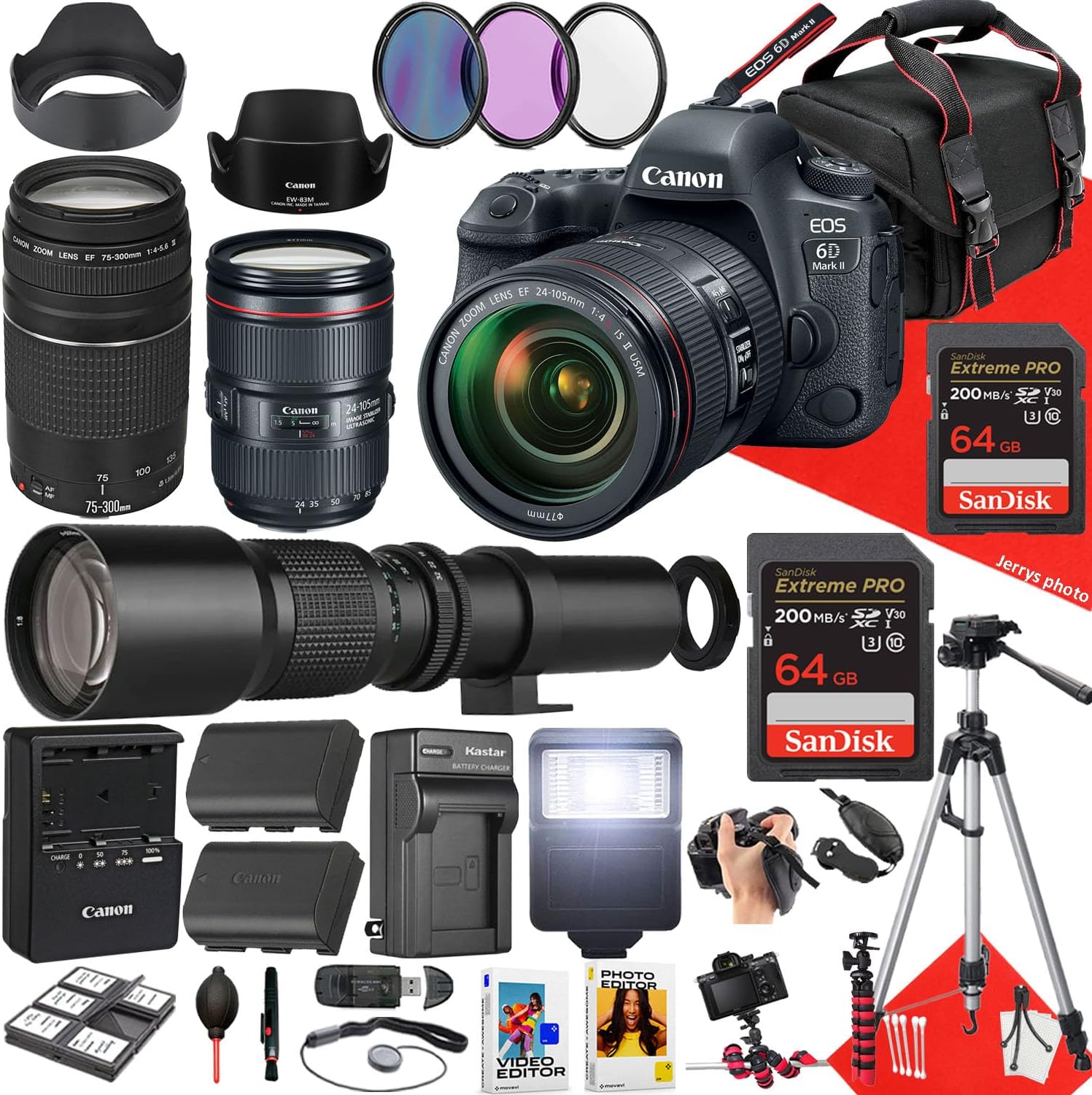 Canon EOS 6D Mark II DSLR Camera with EF 24-105mm f/4L is II USM, EF 75-300mm f/4-5.6 III and 500mm f/8.0 Preset Telephoto Lens + 128 GB Memory + Filters + More (37pc Bundle) (Renewed)