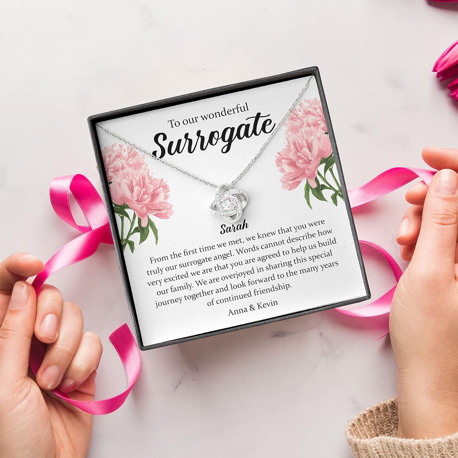 Bubble Hugs Personalized Surrogate Necklace Silver Plated Love Knot Standard - to Our Wonderful Surrogate - Custom Name Pregnant Mom Mother Thank You