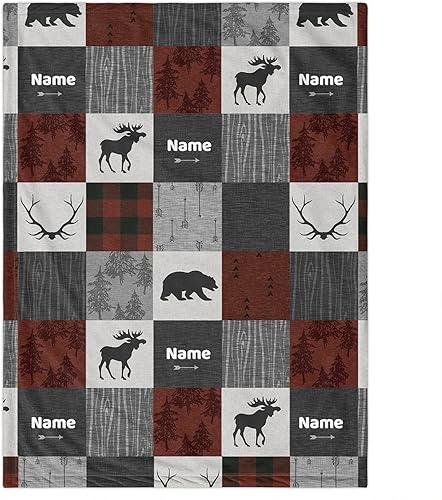 Woodland Deer and Bear - Mantas de bebé neutras personalizadas con nombre, manta suave y acogedora para niños y niñas, decoración de guardería del