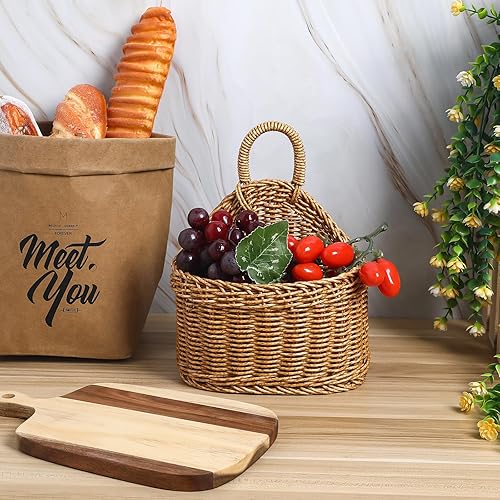 Miniatura 8 de Cesta de almacenamiento colgante tejida para cocina, organizador montado en la pared para ajo, jengibre, verduras, diseño rústico tejido